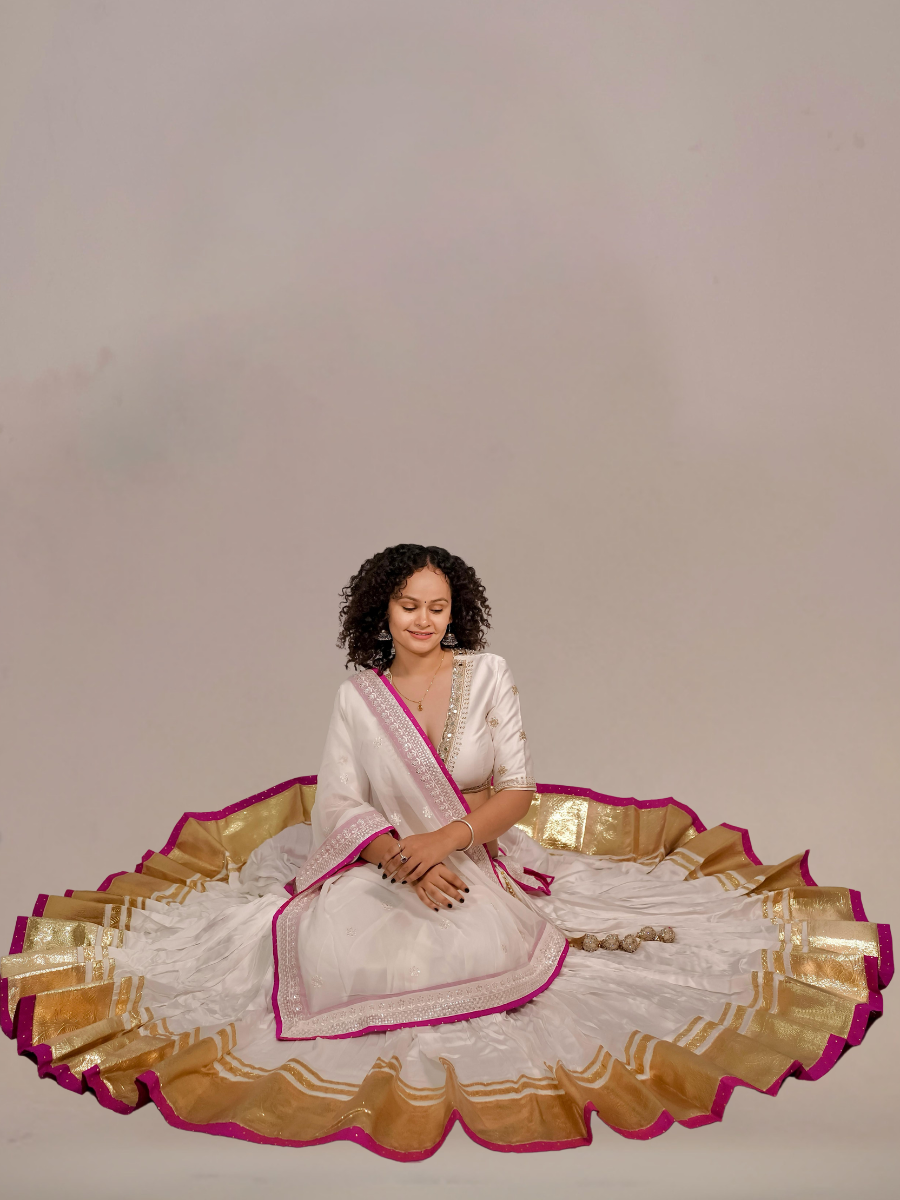 Ivory White Lehenga with Golden Zari Border & Subtle Mirror Accents