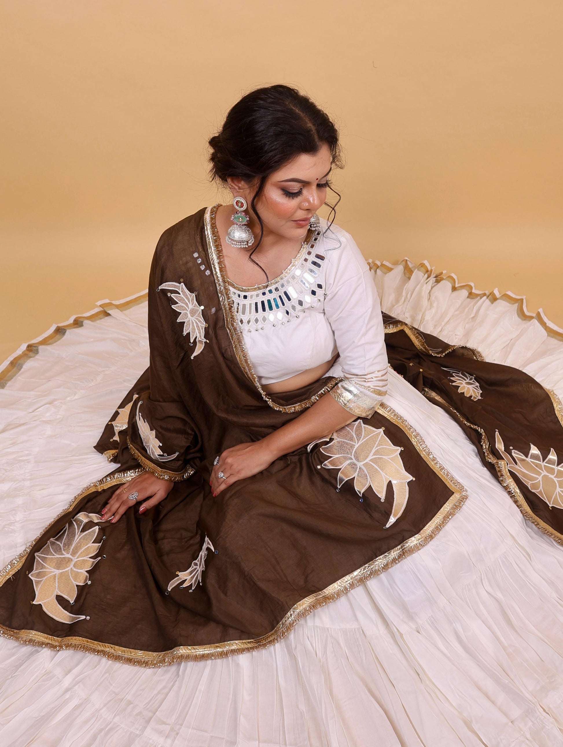 Ivory & Cocoa Lehenga Set with Mirror Lotus Embroidery