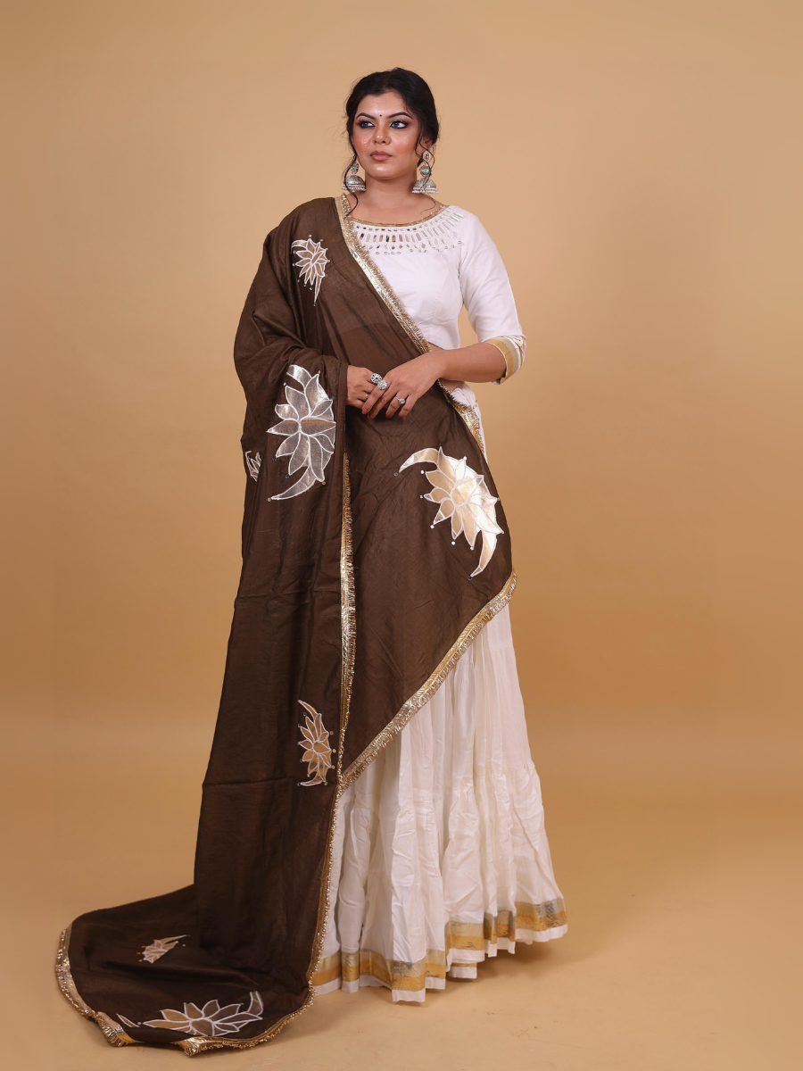 Ivory & Cocoa Lehenga Set with Mirror Lotus Embroidery