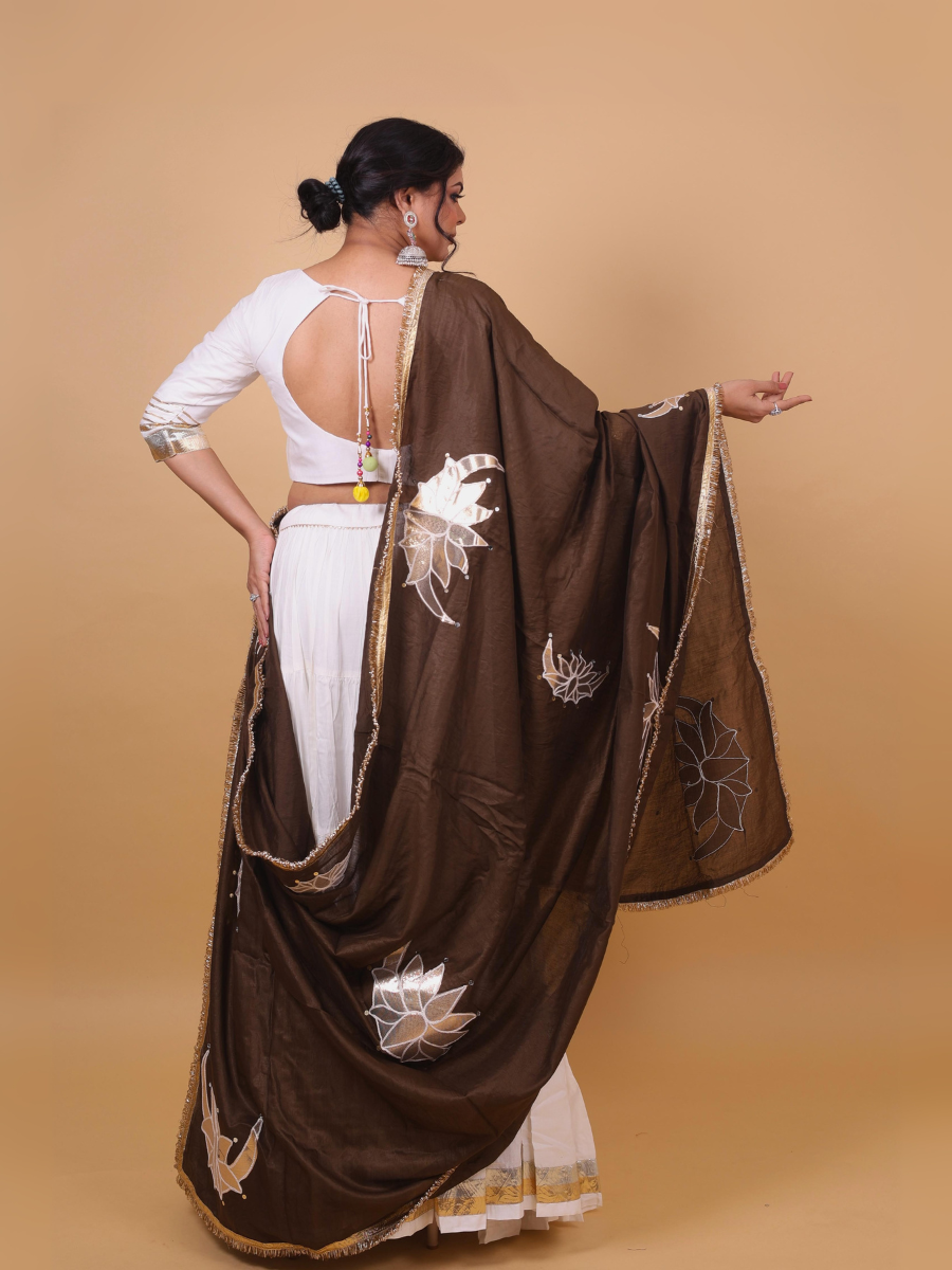 Ivory & Cocoa Lehenga Set with Mirror Lotus Embroidery