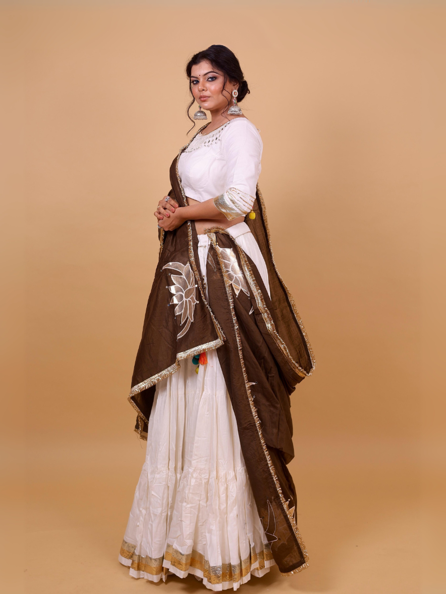 Ivory & Cocoa Lehenga Set with Mirror Lotus Embroidery