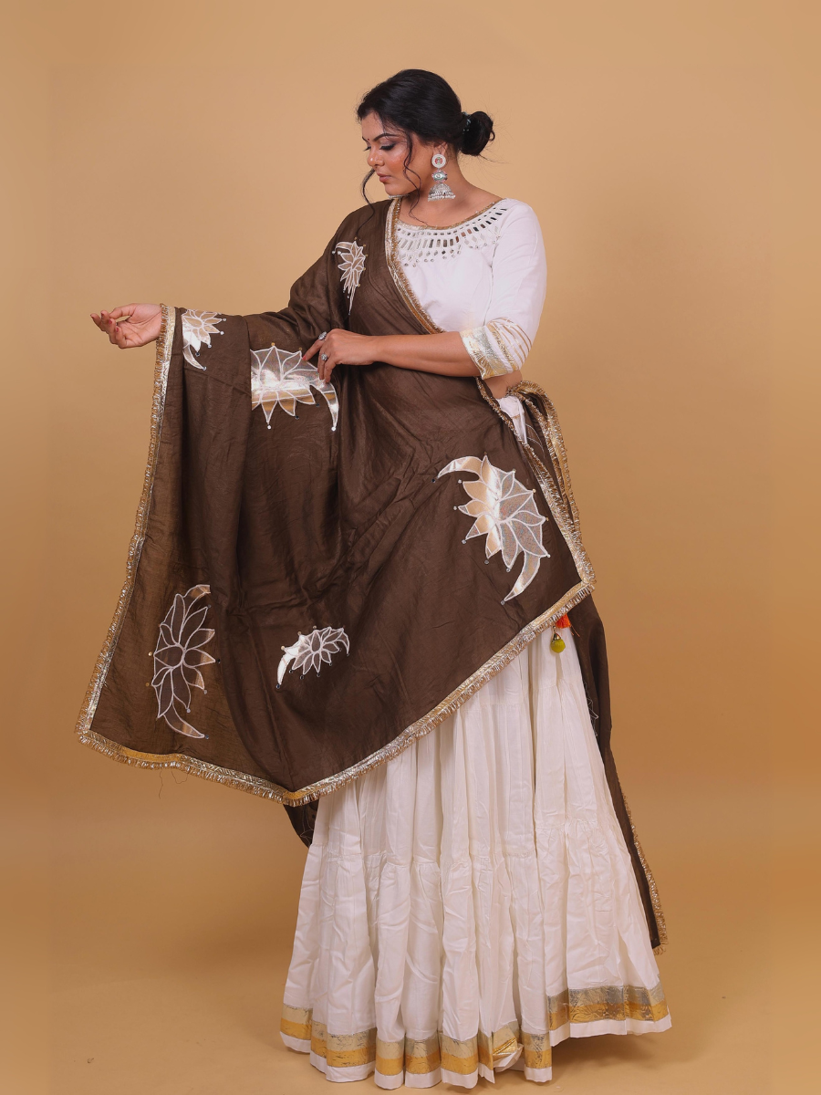 Ivory & Cocoa Lehenga Set with Mirror Lotus Embroidery