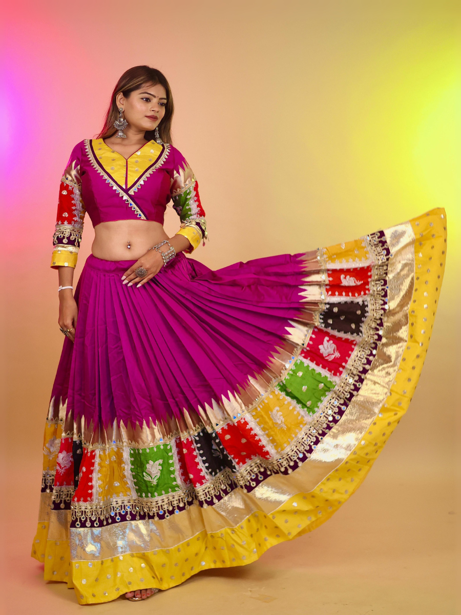Magenta & Multicolor Patchwork Mirror Work Chaniya Choli with Purple Dupatta