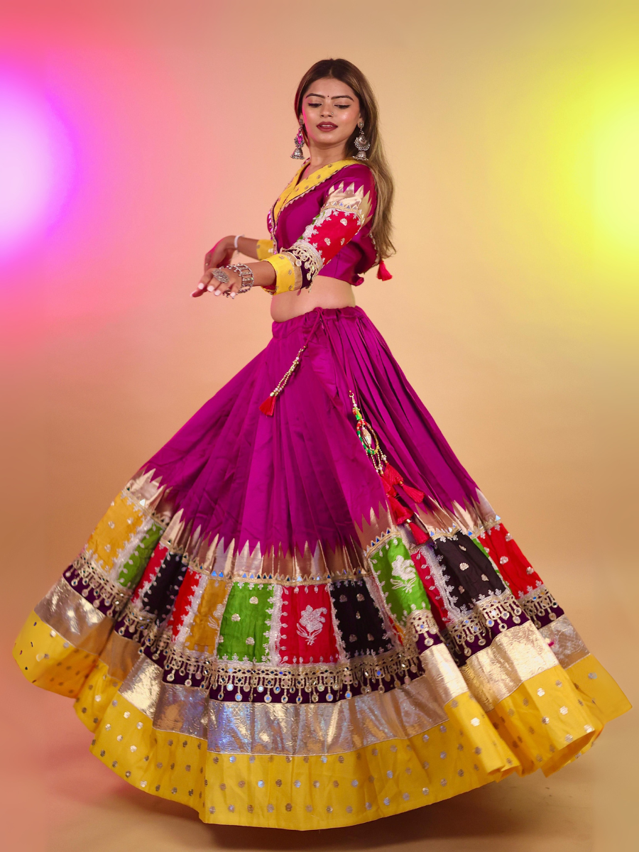 Magenta & Multicolor Patchwork Mirror Work Chaniya Choli with Purple Dupatta