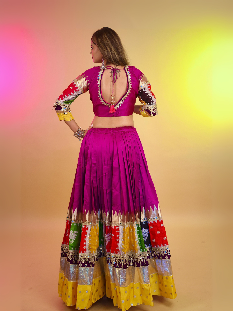 Magenta & Multicolor Patchwork Mirror Work Chaniya Choli with Purple Dupatta