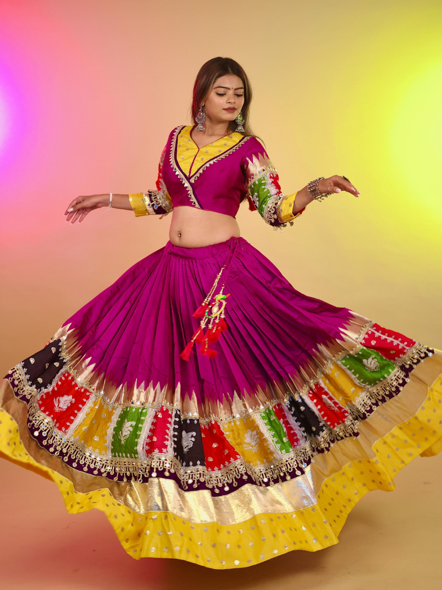 Magenta & Multicolor Patchwork Mirror Work Chaniya Choli with Purple Dupatta