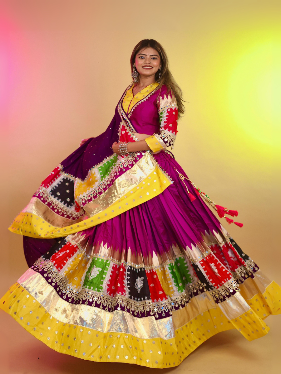 Magenta & Multicolor Patchwork Mirror Work Chaniya Choli with Purple Dupatta