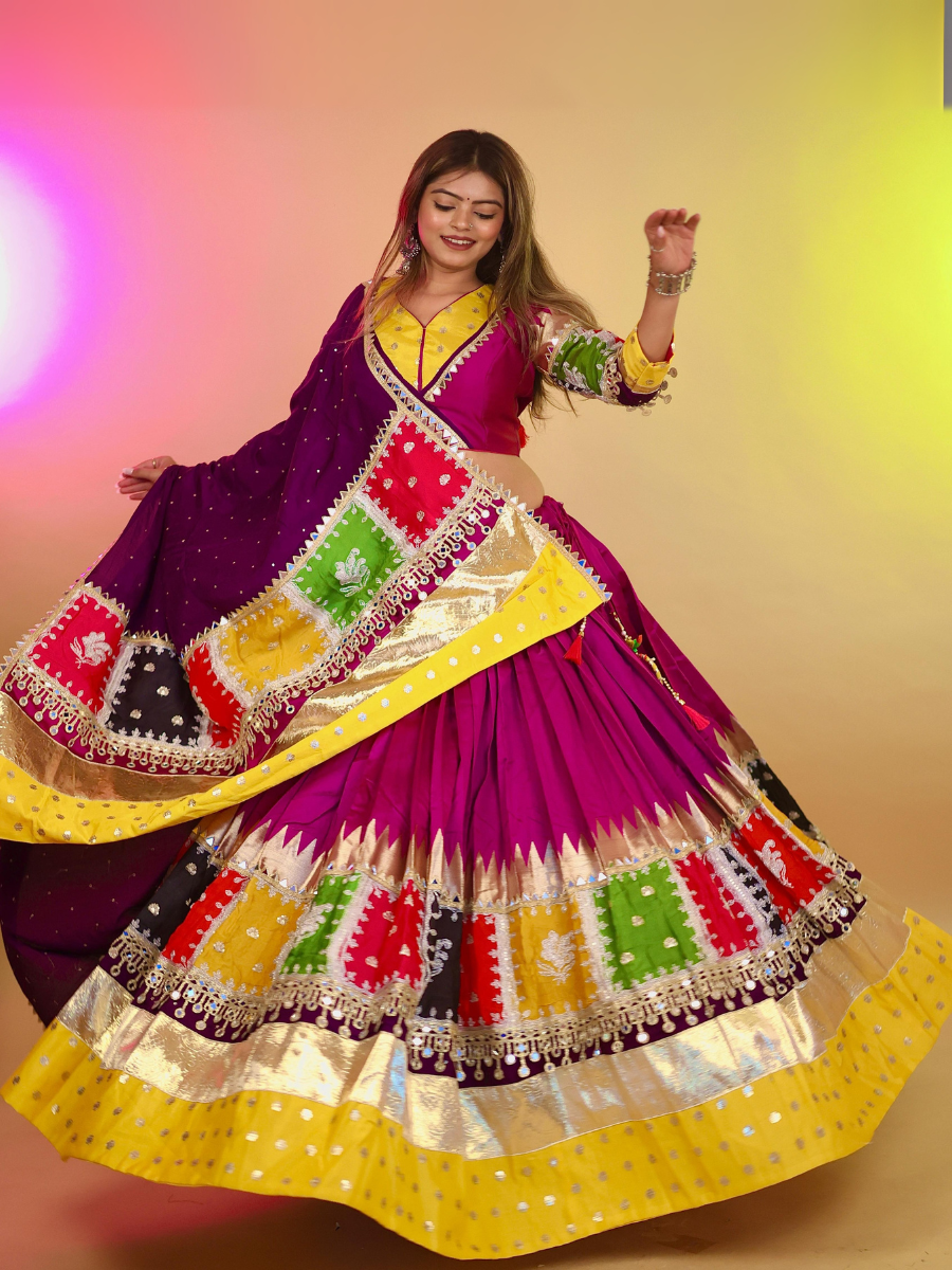 Magenta & Multicolor Patchwork Mirror Work Chaniya Choli with Purple Dupatta