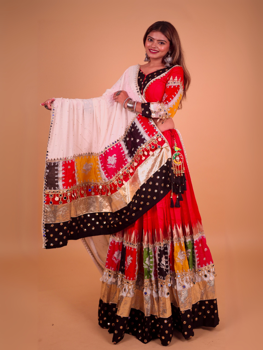 Multicolor Patchwork Mirror Work Chaniya Choli with White Dupatta