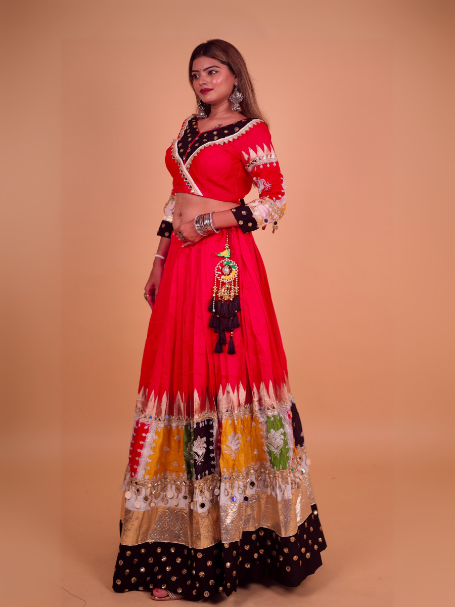 Multicolor Patchwork Mirror Work Chaniya Choli with White Dupatta