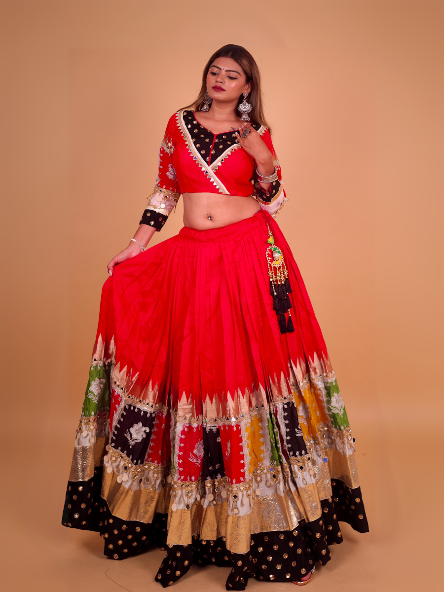 Multicolor Patchwork Mirror Work Chaniya Choli with White Dupatta