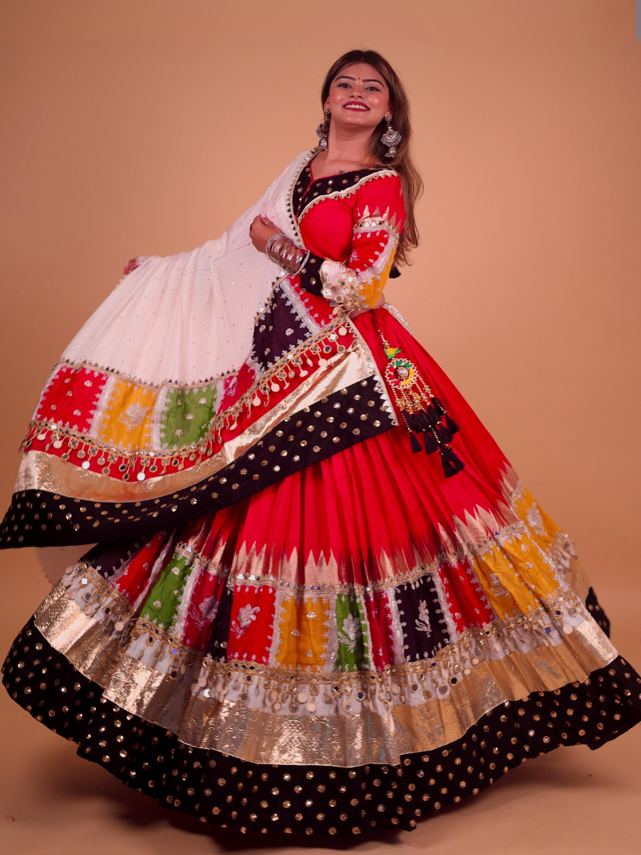 Multicolor Patchwork Mirror Work Chaniya Choli with White Dupatta