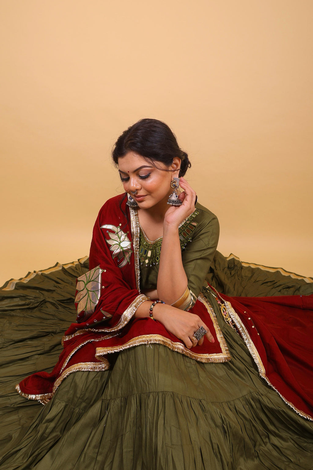 Olive Green & Maroon Lehenga Set with Mirror Lotus Dupatta