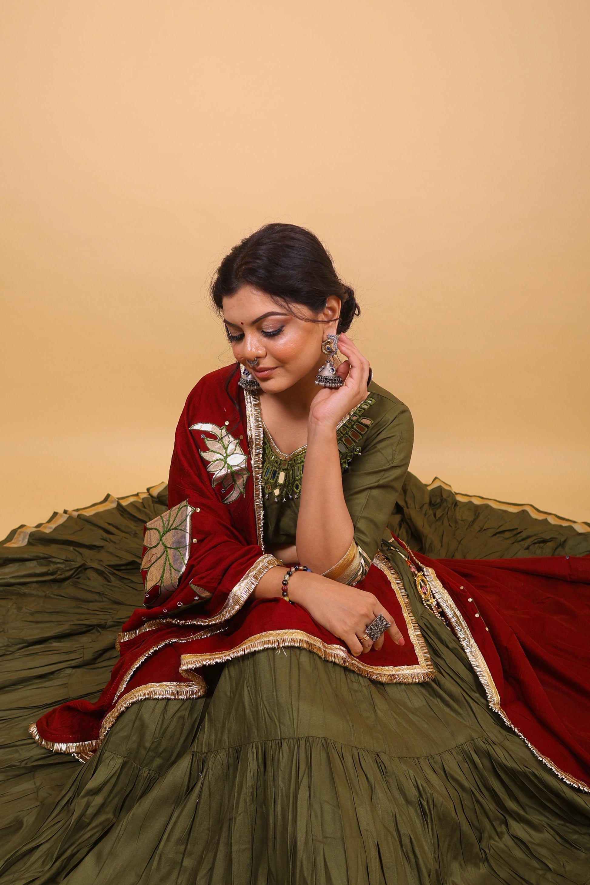 Olive Green & Maroon Lehenga Set with Mirror Lotus Dupatta