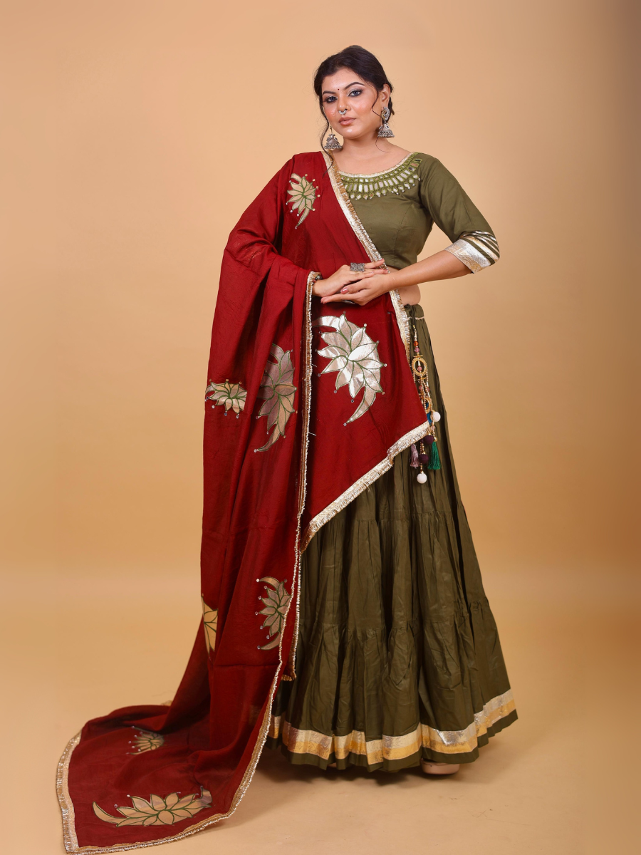 Olive Green & Maroon Lehenga Set with Mirror Lotus Dupatta