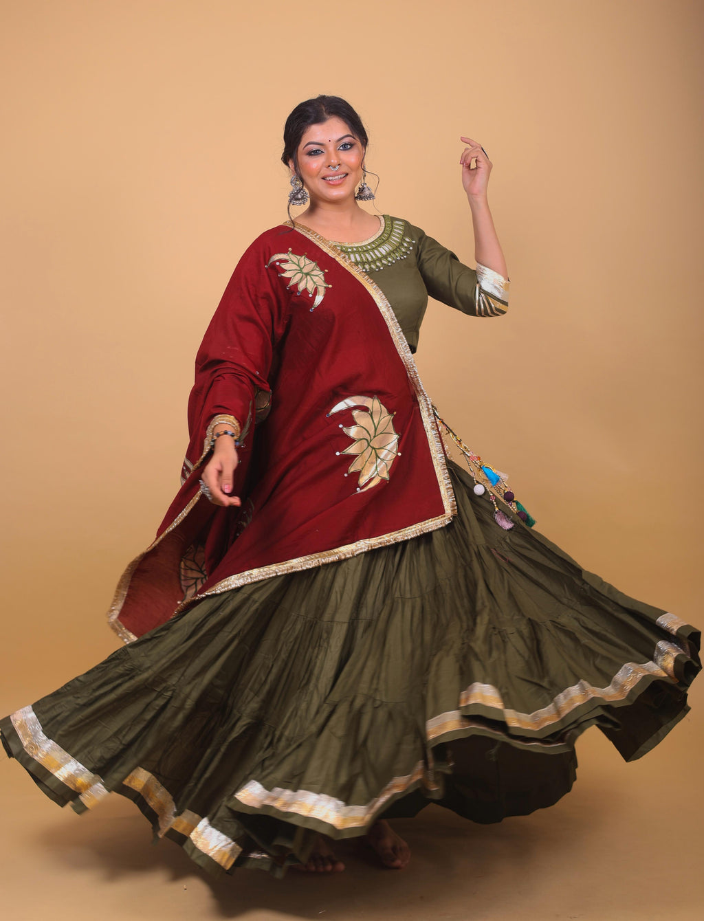 Olive Green & Maroon Lehenga Set with Mirror Lotus Dupatta