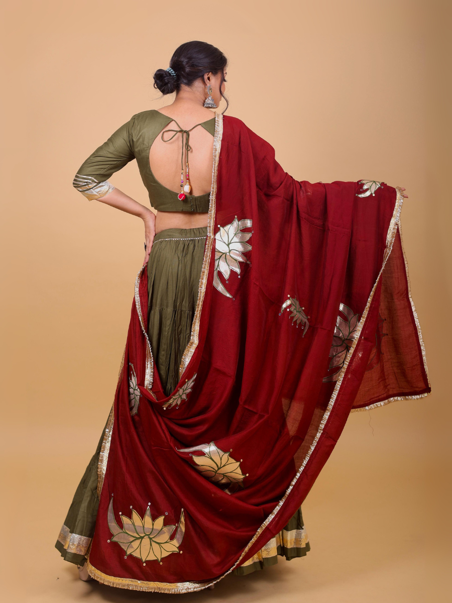 Olive Green & Maroon Lehenga Set with Mirror Lotus Dupatta