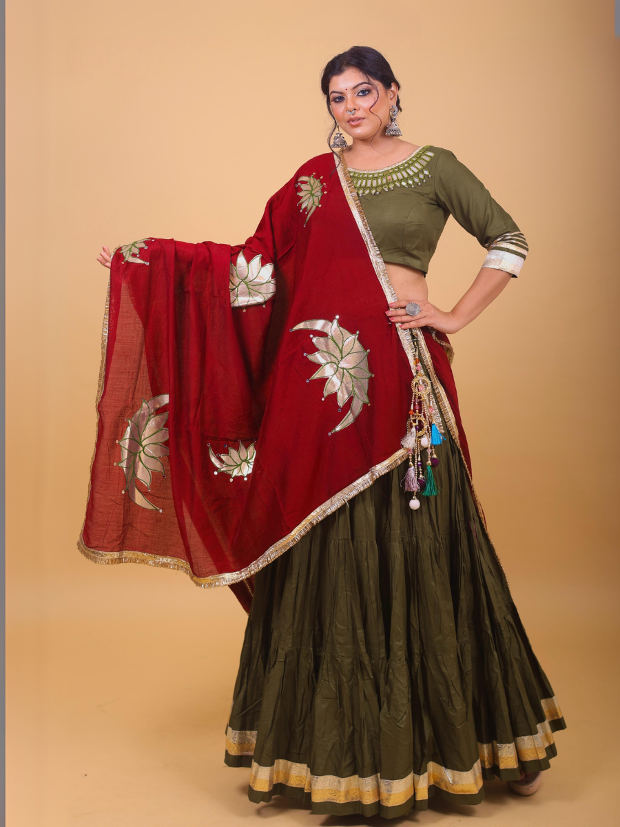 Olive Green & Maroon Lehenga Set with Mirror Lotus Dupatta