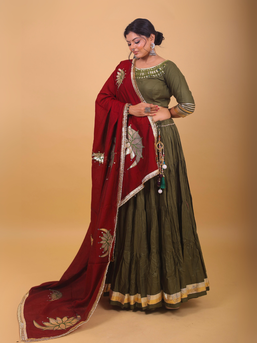 Olive Green & Maroon Lehenga Set with Mirror Lotus Dupatta