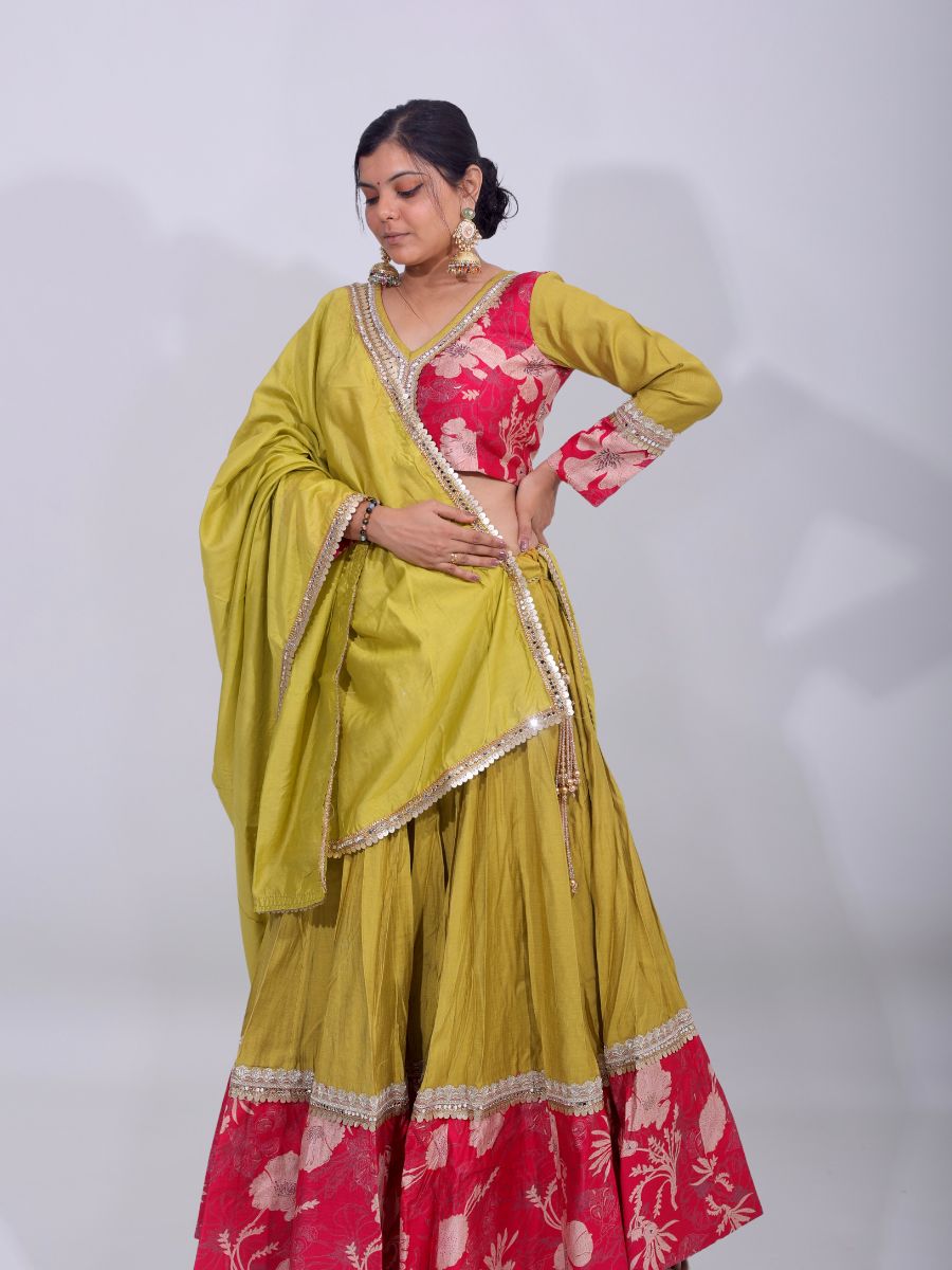 Olive Radiance & Rani Bloom – Embroidered Cotton Silk Lehenga Set