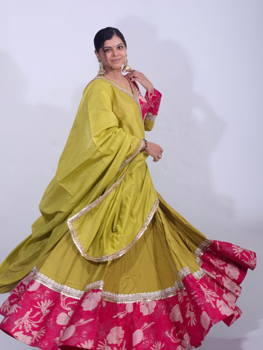 Olive Radiance & Rani Bloom – Embroidered Cotton Silk Lehenga Set