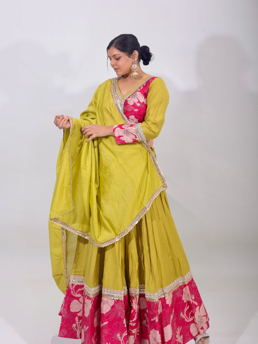 Olive Radiance & Rani Bloom – Embroidered Cotton Silk Lehenga Set