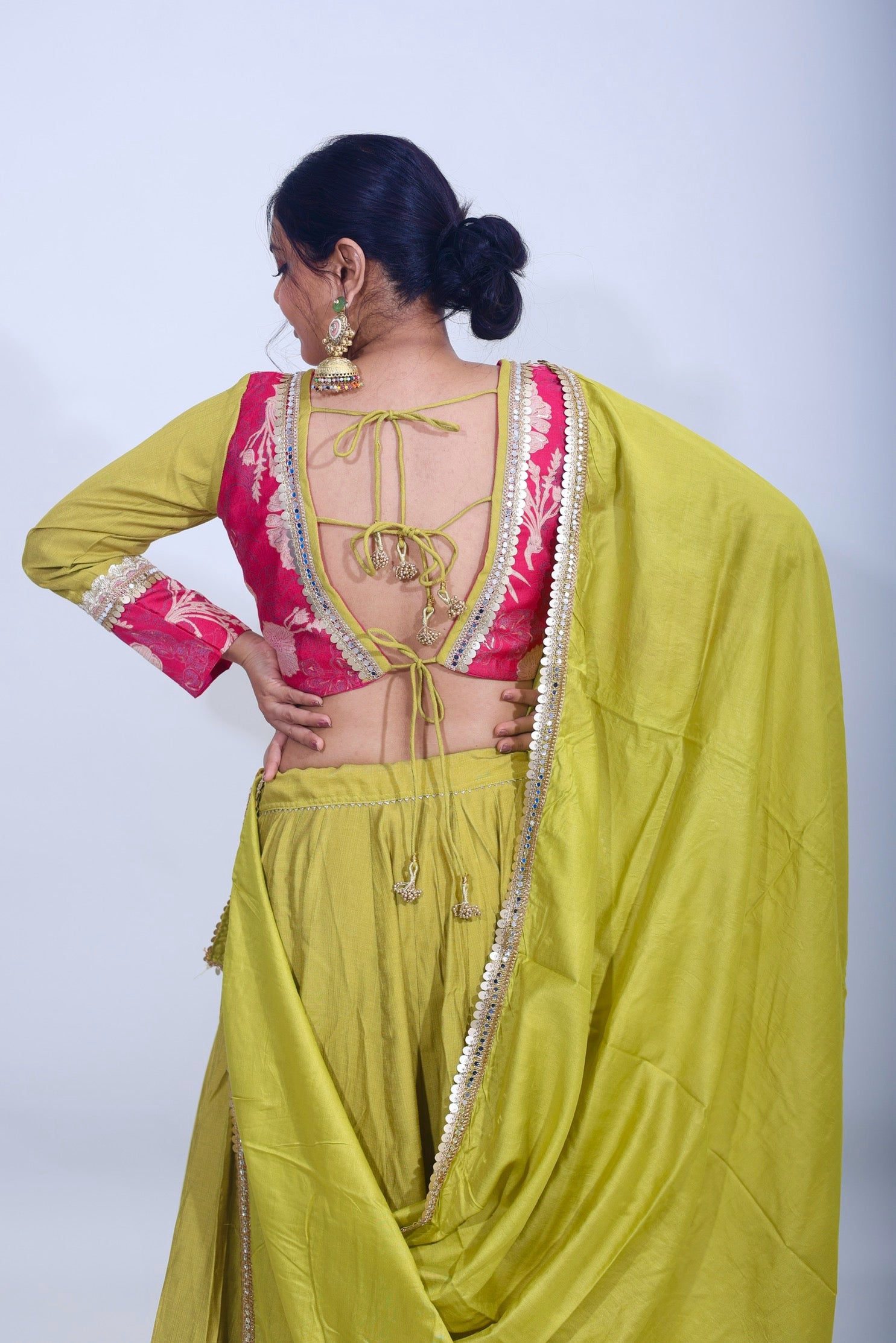 Olive Radiance & Rani Bloom – Embroidered Cotton Silk Lehenga Set