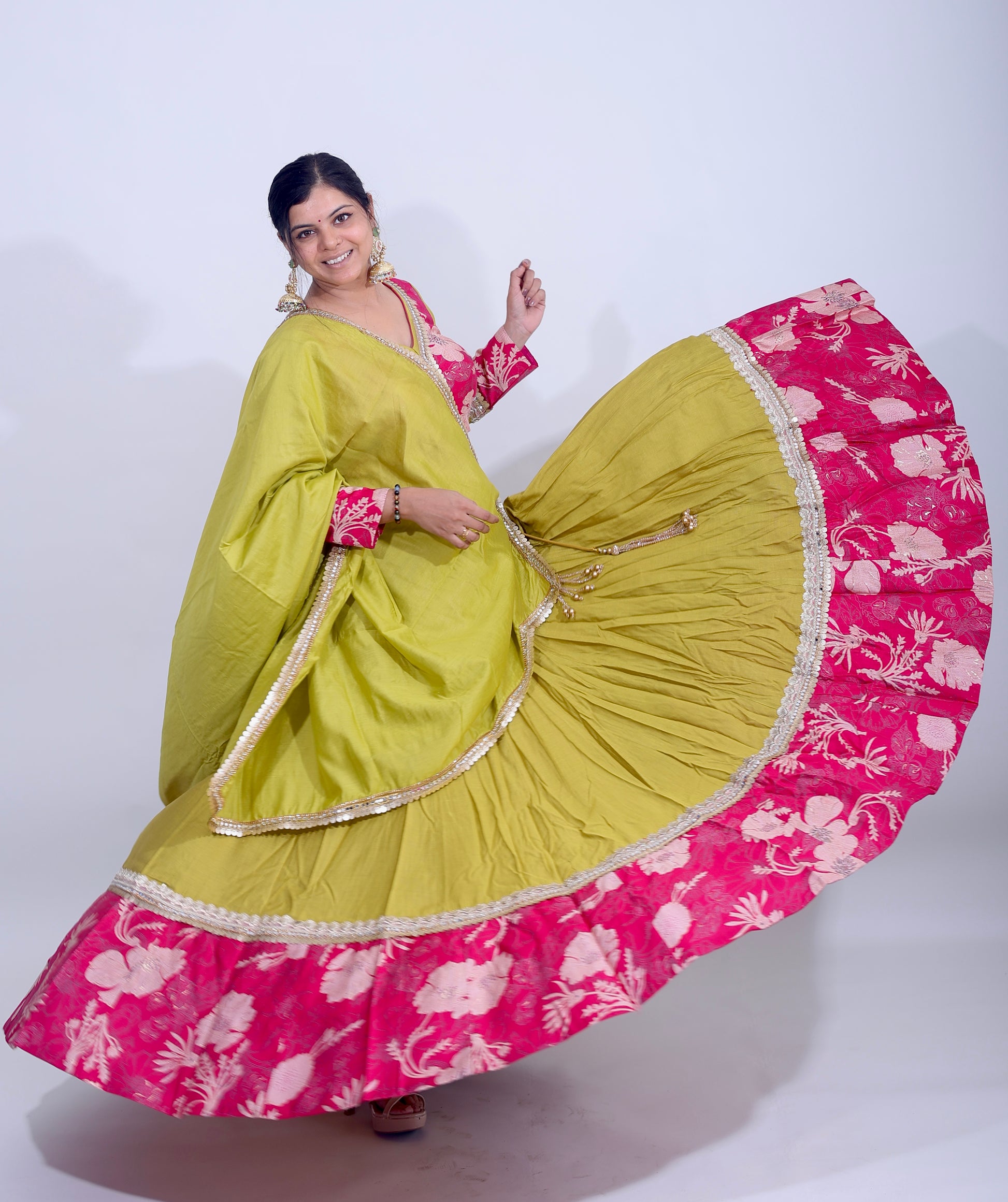 Olive Radiance & Rani Bloom – Embroidered Cotton Silk Lehenga Set