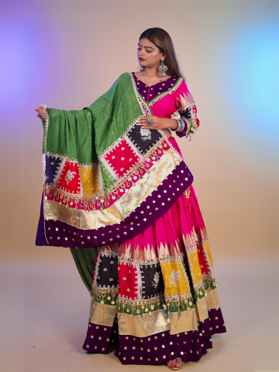 Pink & Multicolor Patchwork Mirror Work Chaniya Choli with Green Dupatta