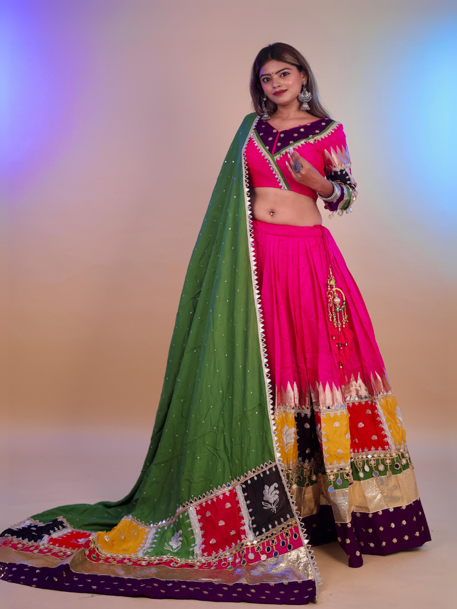 Pink & Multicolor Patchwork Mirror Work Chaniya Choli with Green Dupatta