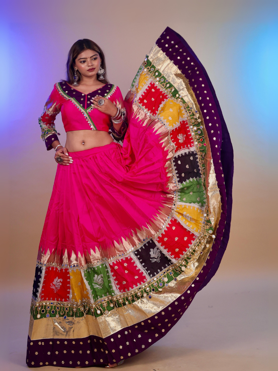 Pink & Multicolor Patchwork Mirror Work Chaniya Choli with Green Dupatta