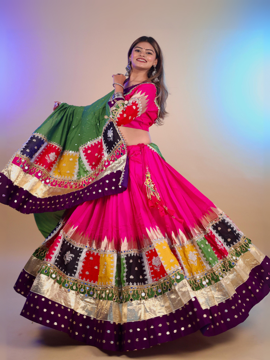 Pink & Multicolor Patchwork Mirror Work Chaniya Choli with Green Dupatta