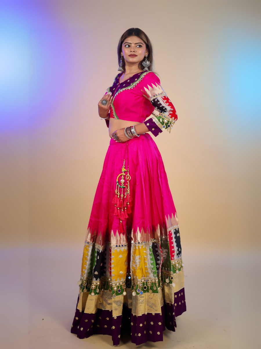 Pink & Multicolor Patchwork Mirror Work Chaniya Choli with Green Dupatta