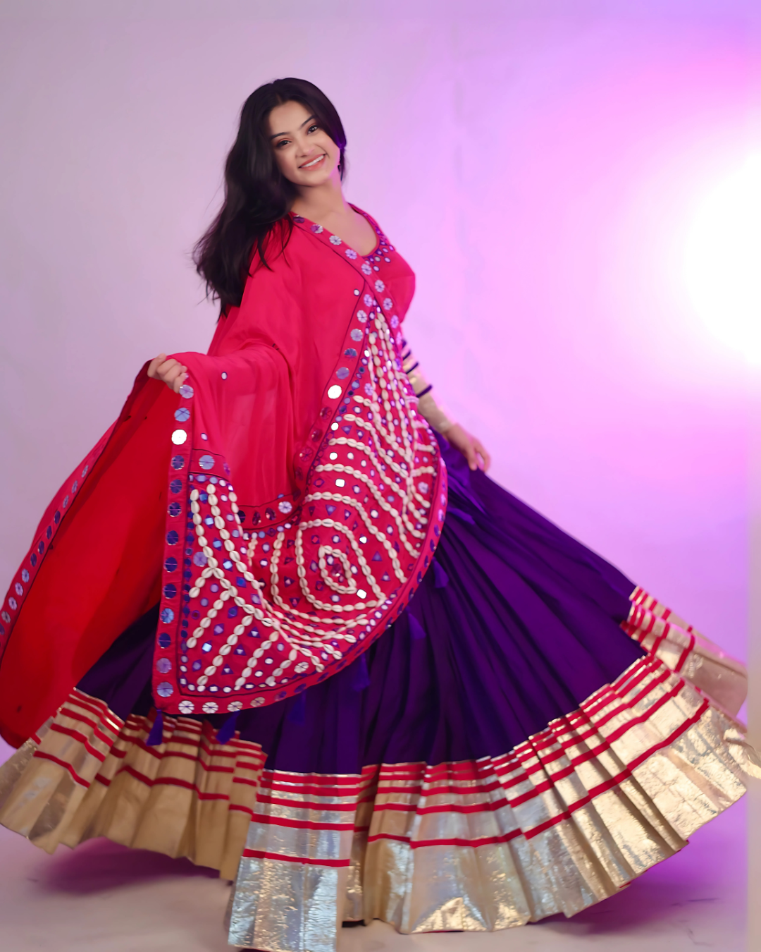 Pink & Purple Chaniya Choli with Mirror & Chipla Work