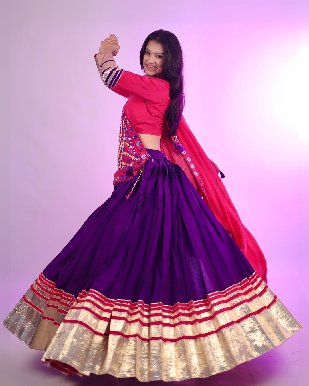 Pink & Purple Chaniya Choli with Mirror & Chipla Work
