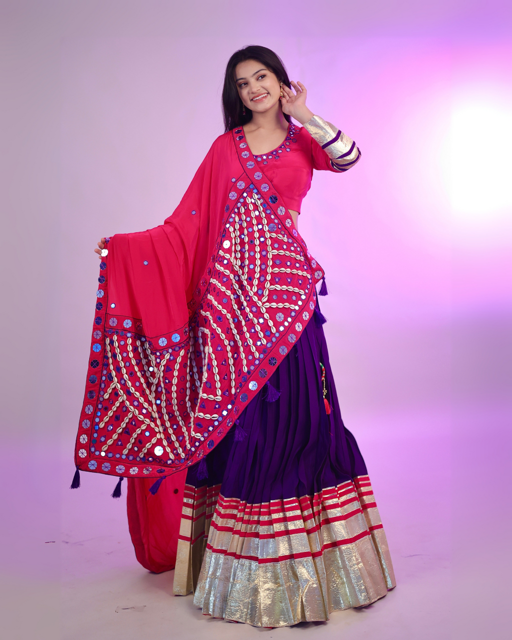 Pink & Purple Chaniya Choli with Mirror & Chipla Work
