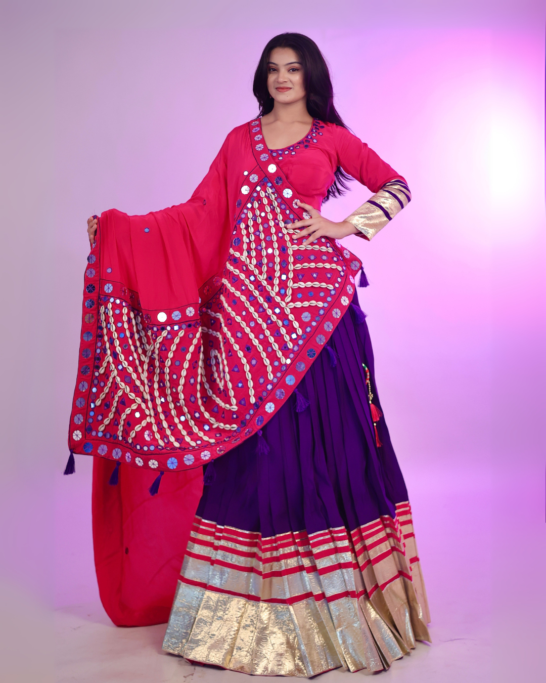 Pink & Purple Chaniya Choli with Mirror & Chipla Work