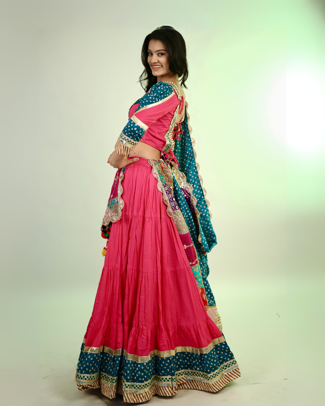 Pink & Teal Bandhani Chaniya Choli with Patchwork Dupatta