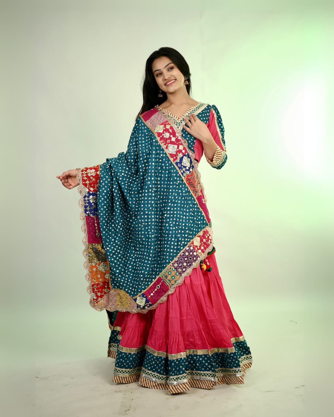 Pink & Teal Bandhani Chaniya Choli with Patchwork Dupatta
