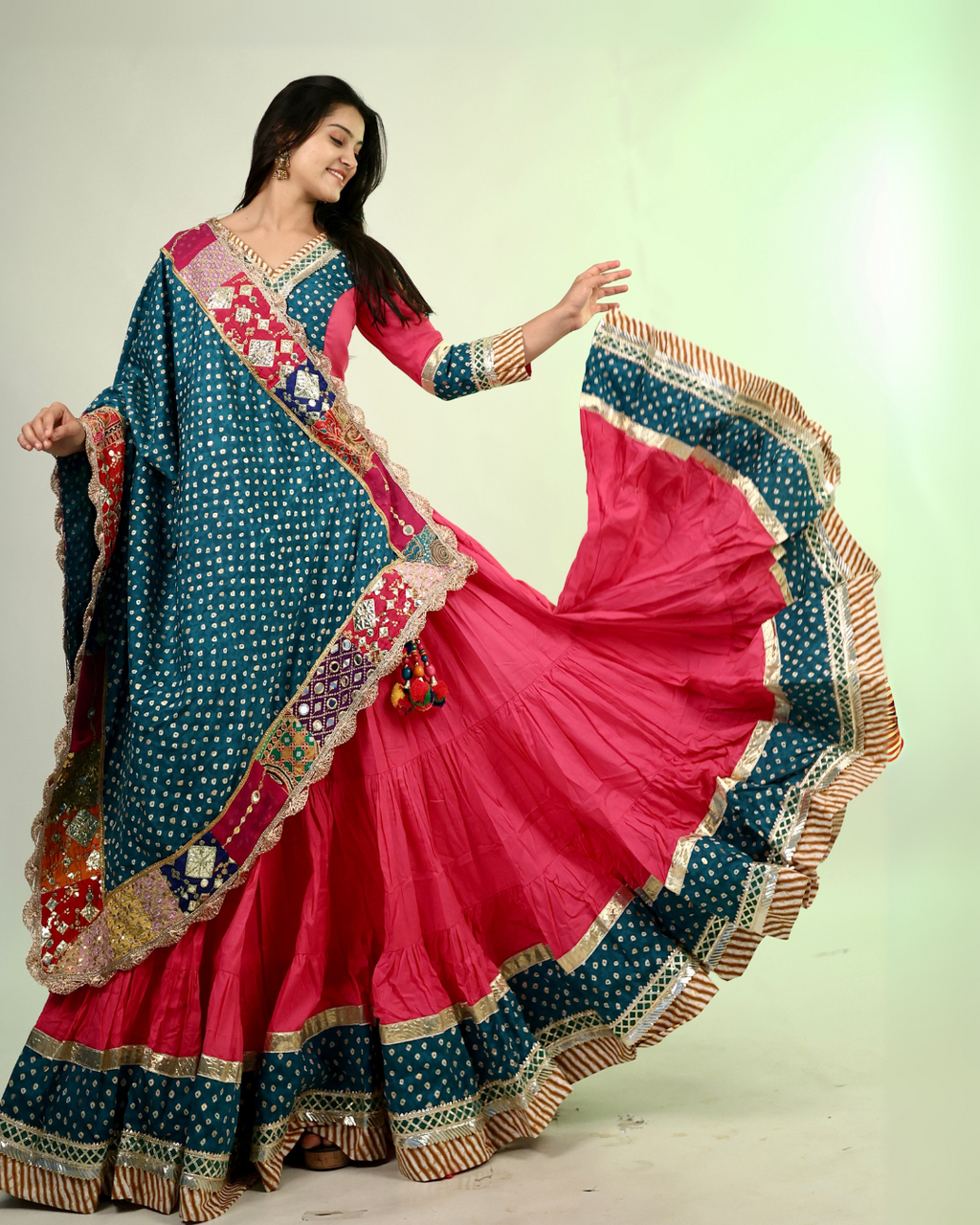 Pink & Teal Bandhani Chaniya Choli with Patchwork Dupatta