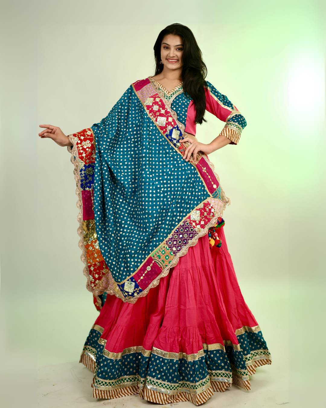 Pink & Teal Bandhani Chaniya Choli with Patchwork Dupatta