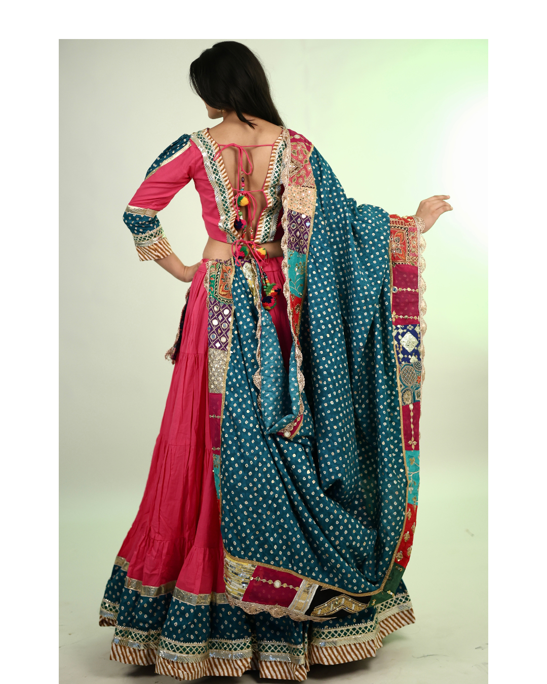 Pink & Teal Bandhani Chaniya Choli with Patchwork Dupatta