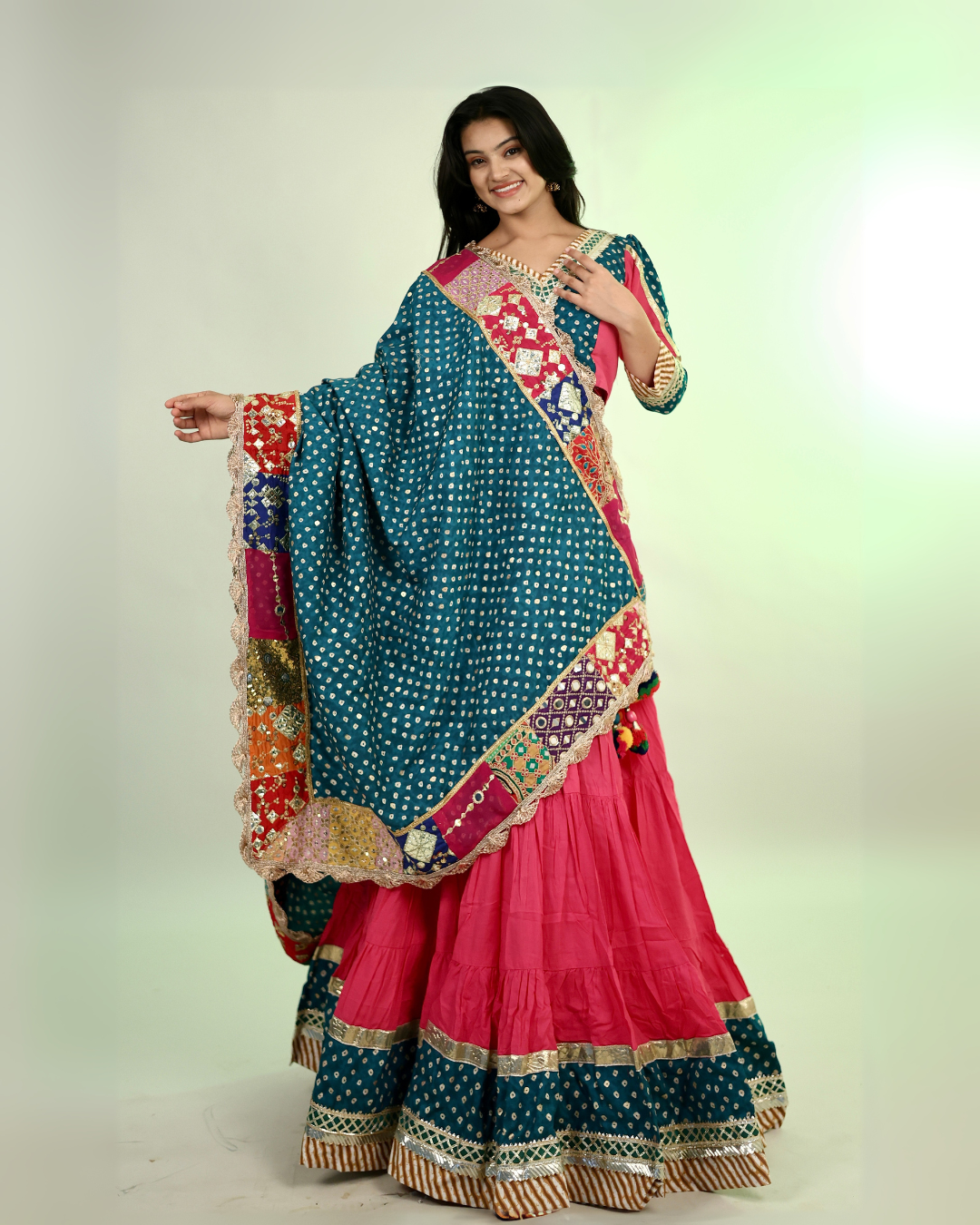Pink & Teal Bandhani Chaniya Choli with Patchwork Dupatta