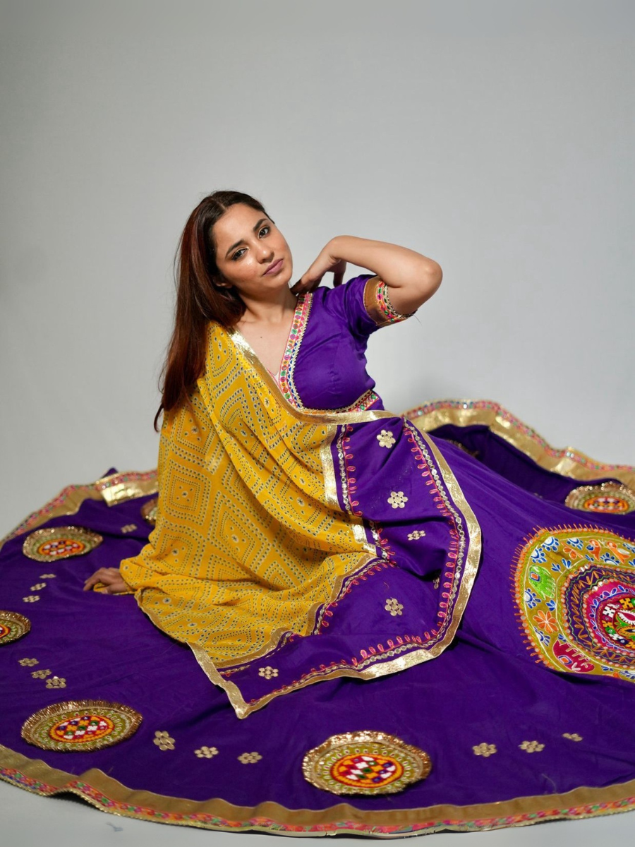 Purple Kutchi Embroidered Lehenga with Mustard Yellow Bandhani Dupatta