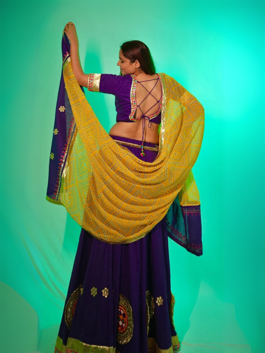Purple Kutchi Embroidered Lehenga with Mustard Yellow Bandhani Dupatta