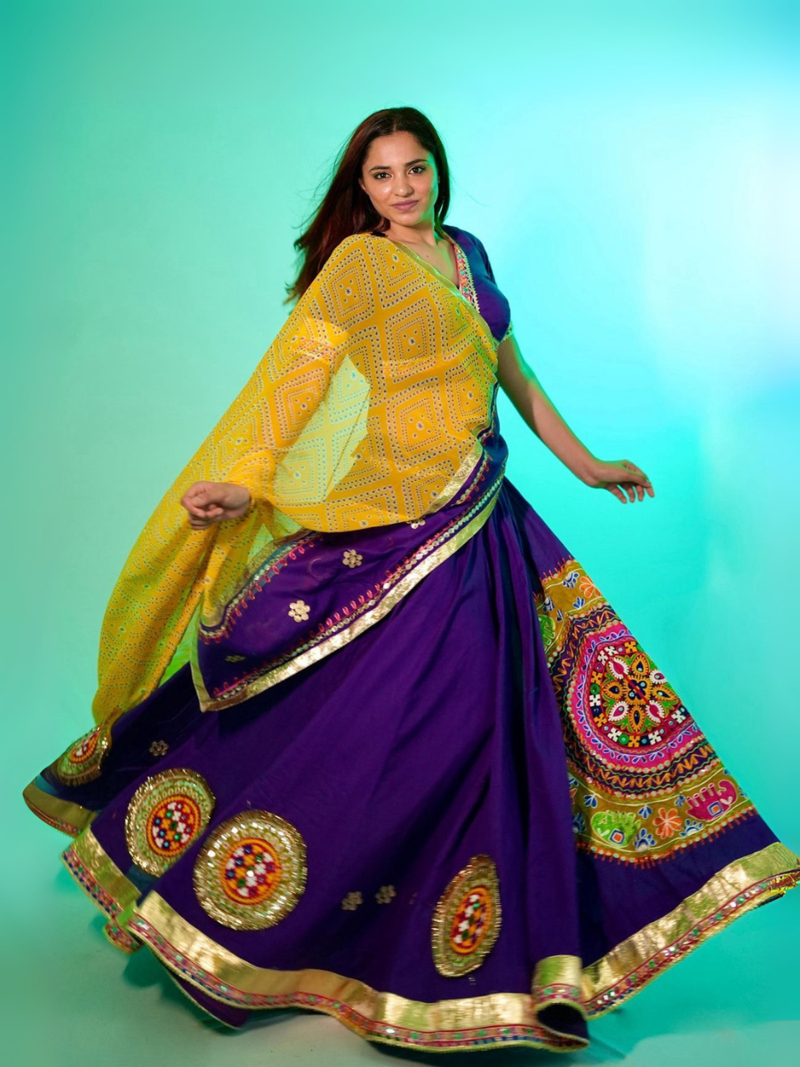 Purple Kutchi Embroidered Lehenga with Mustard Yellow Bandhani Dupatta