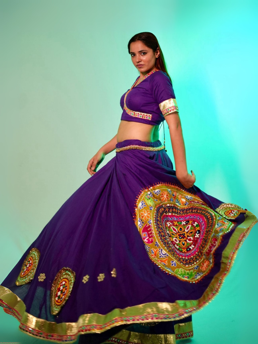 Purple Kutchi Embroidered Lehenga with Mustard Yellow Bandhani Dupatta