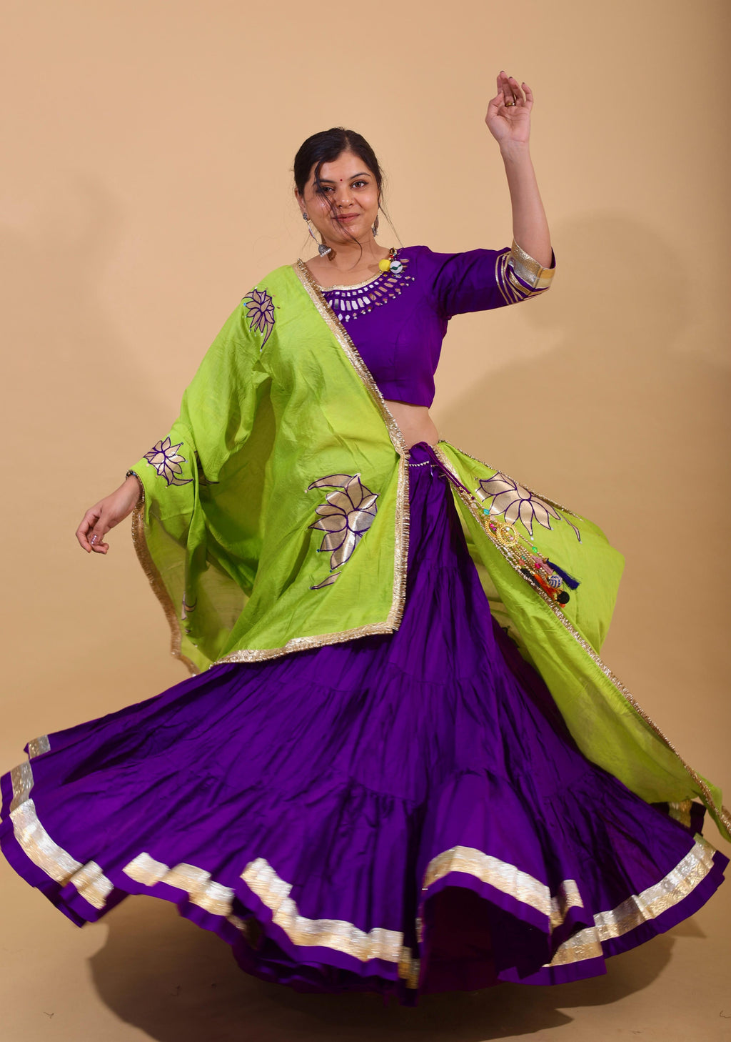 Purple & Lime Green Lehenga Set with Mirror Lotus Work