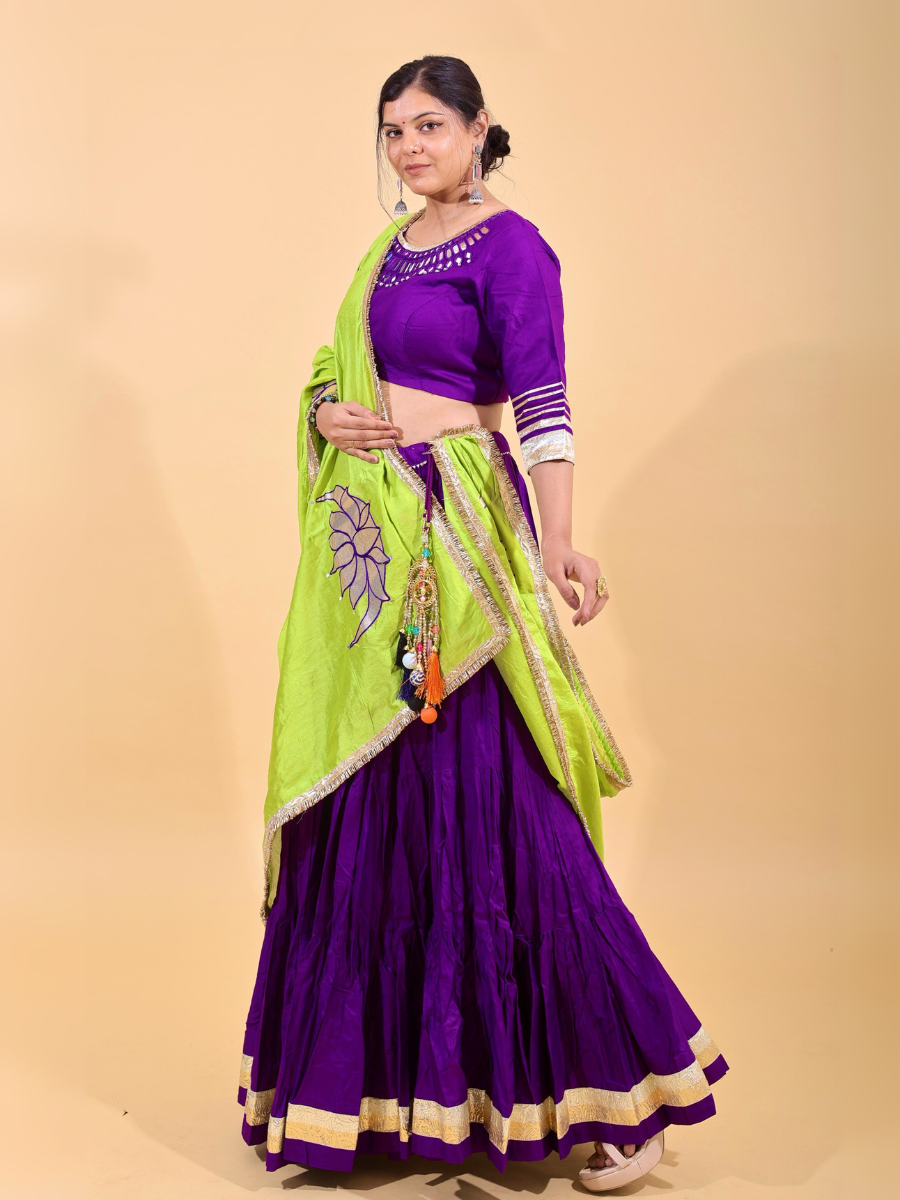 Purple & Lime Green Lehenga Set with Mirror Lotus Work