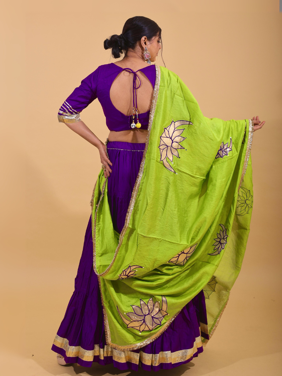 Purple & Lime Green Lehenga Set with Mirror Lotus Work